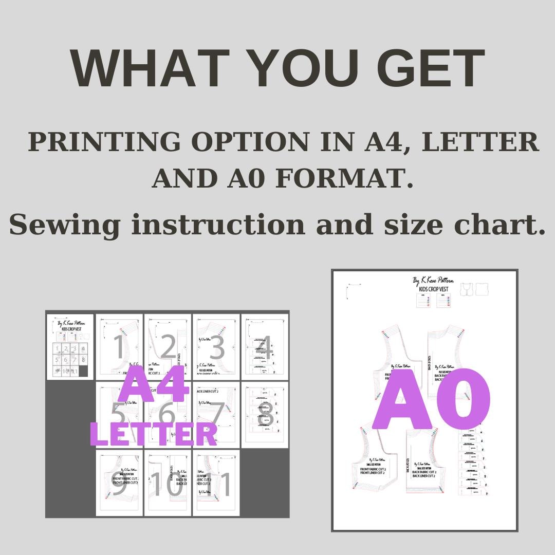 Kids Lined Crop Vest Sewing Pattern PDF, Ages 2 to 10 Years, Easy DIY Children Waistcoat, Printable A4 Letter and A0