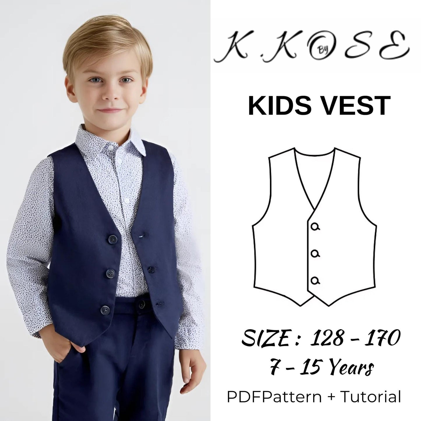 Kids Lined Vest Sewing Pattern PDF, Ages 7 to 15 Years, Printable A4 Letter A0