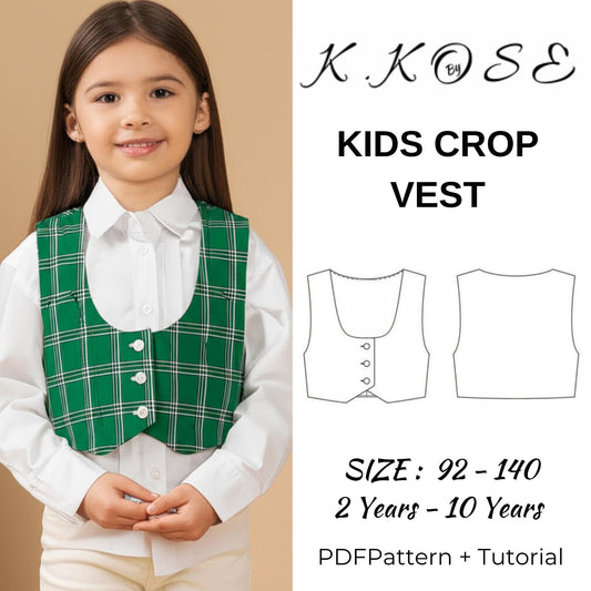 Kids Lined Crop Vest Sewing Pattern PDF, Ages 2 to 10 Years, Easy DIY Children Waistcoat, Printable A4 Letter and A0