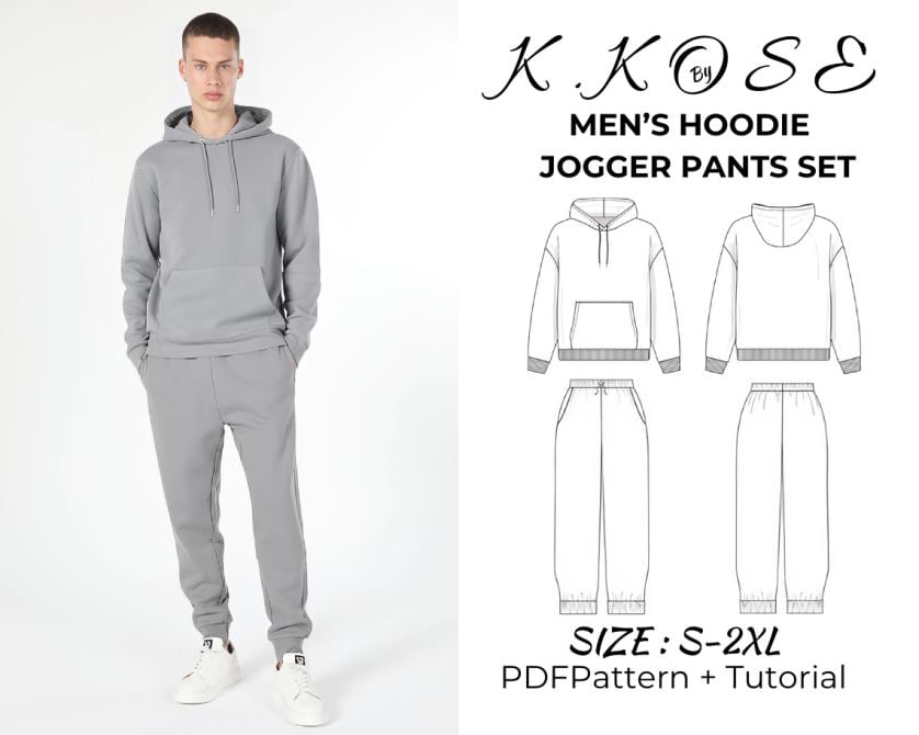 Men's Hoodie and Jogger Pants Set Sewing Pattern PDF, Sizes XS to 4XL Hoodie and S to XXL Joggers, DIY Casual Tracksuit, Printable A4 Letter and A0