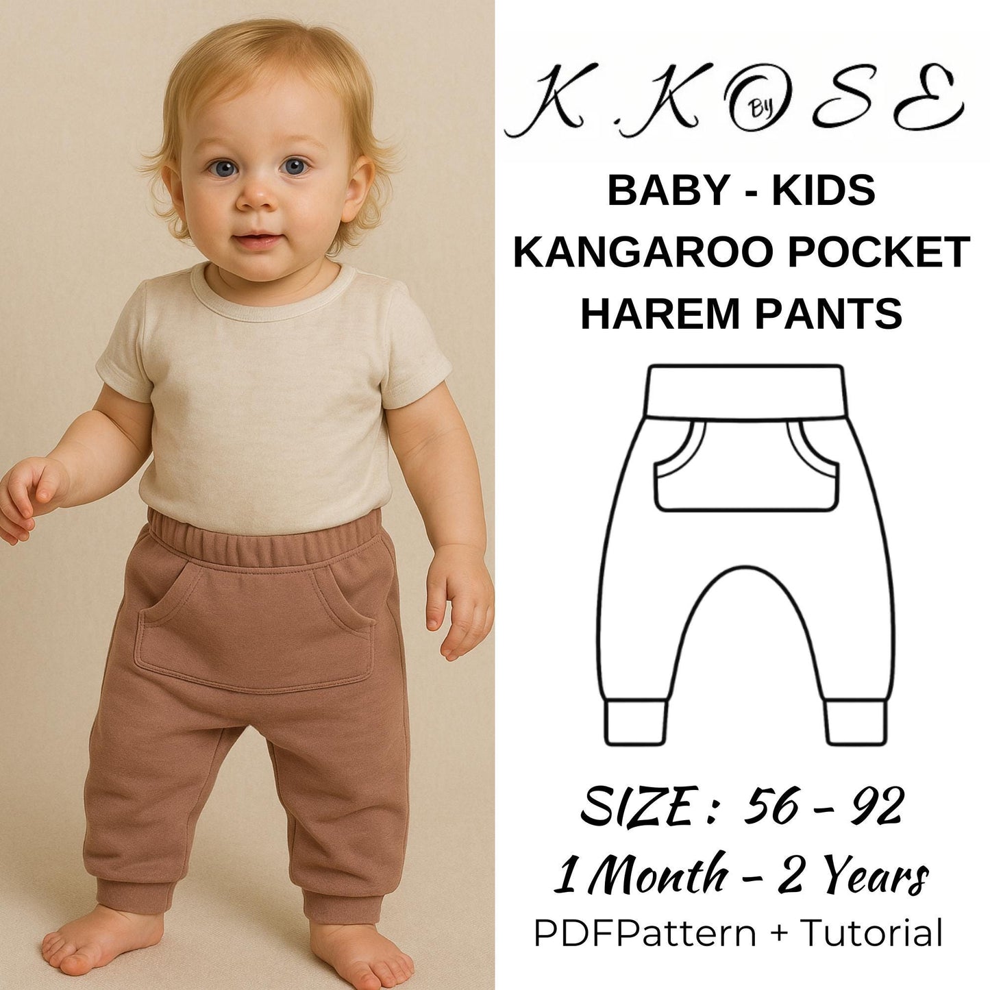 Baby & Kids Harem Pants Sewing Pattern  Digital PDF Sizes 1M–2Y  Unisex Toddler Pants with Kangaroo Pocket  Beginner Friendly DIY Clothing  Printable Sewing File A4 Letter A0