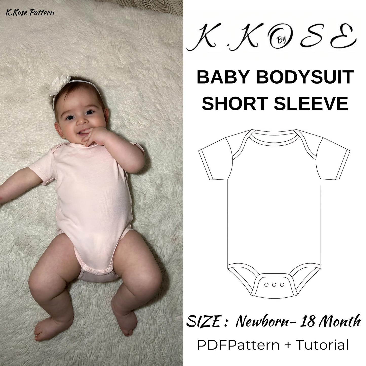 Baby Bodysuit Sewing Pattern PDF, Short Sleeve Onesie for Newborn to 18 Months, DIY Baby Clothing, Printable A4 Letter and A0