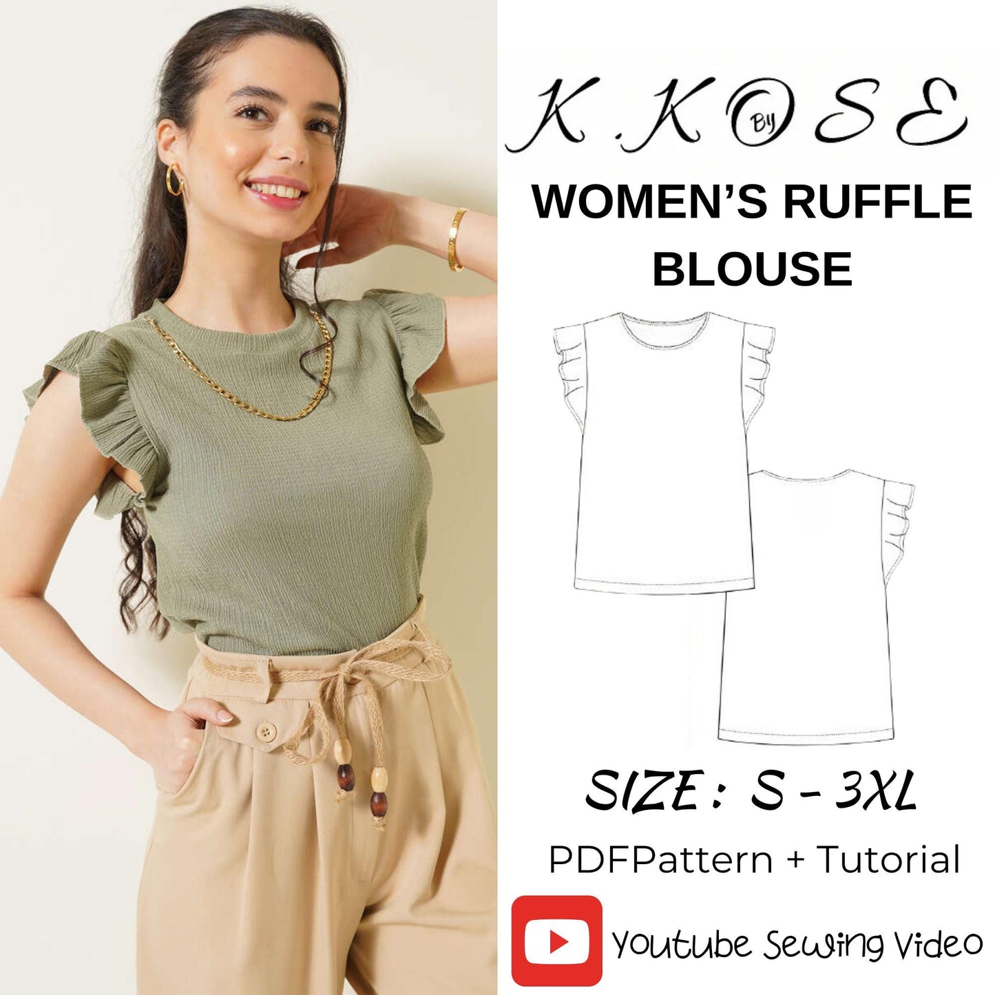 Women’s Ruffle Blouse Sewing Pattern  Digital PDF Sizes S–3XL  Beginner Friendly DIY Top  Printable Sewing File A4 Letter A0
