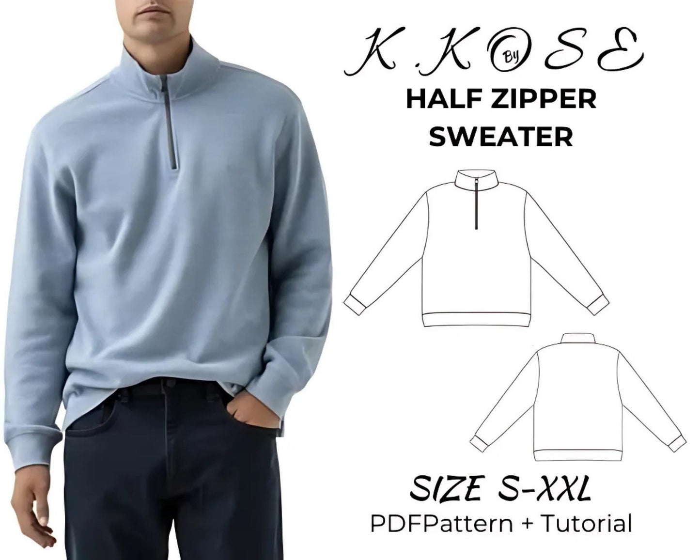 Half Zipper Sweater Sewing Pattern  Digital PDF Sizes S–XXL  Sporty High Collar DIY Clothing  Printable Sewing File A4 Letter A0