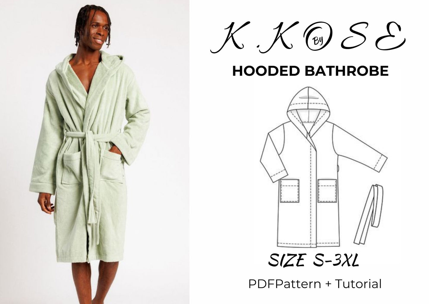 Hooded Bathrobe Sewing Pattern PDF, Sizes S to 3XL with Belt and Pockets, Easy DIY Robe, Printable A4 Letter and A0
