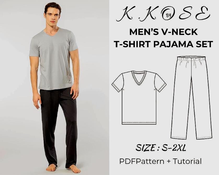 Men’s V-Neck T-Shirt & Pajama Set Sewing Pattern  Digital PDF Sizes S–5XL  Beginner Friendly DIY Sleepwear  Printable Sewing File A4 Letter A0