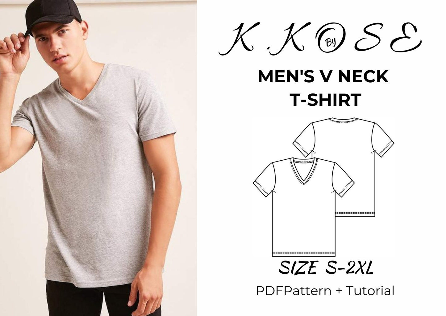 Men's V-Neck T-Shirt Sewing Pattern | Digital PDF | Sizes S–XXL