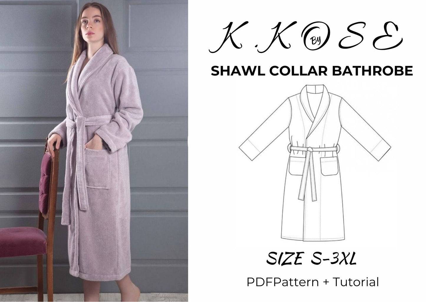 Shawl Collar Bathrobe Sewing Pattern PDF, Unisex Sizes S to 3XL with Deep Pockets and Belt, Easy DIY Robe, Printable A4 Letter and A0