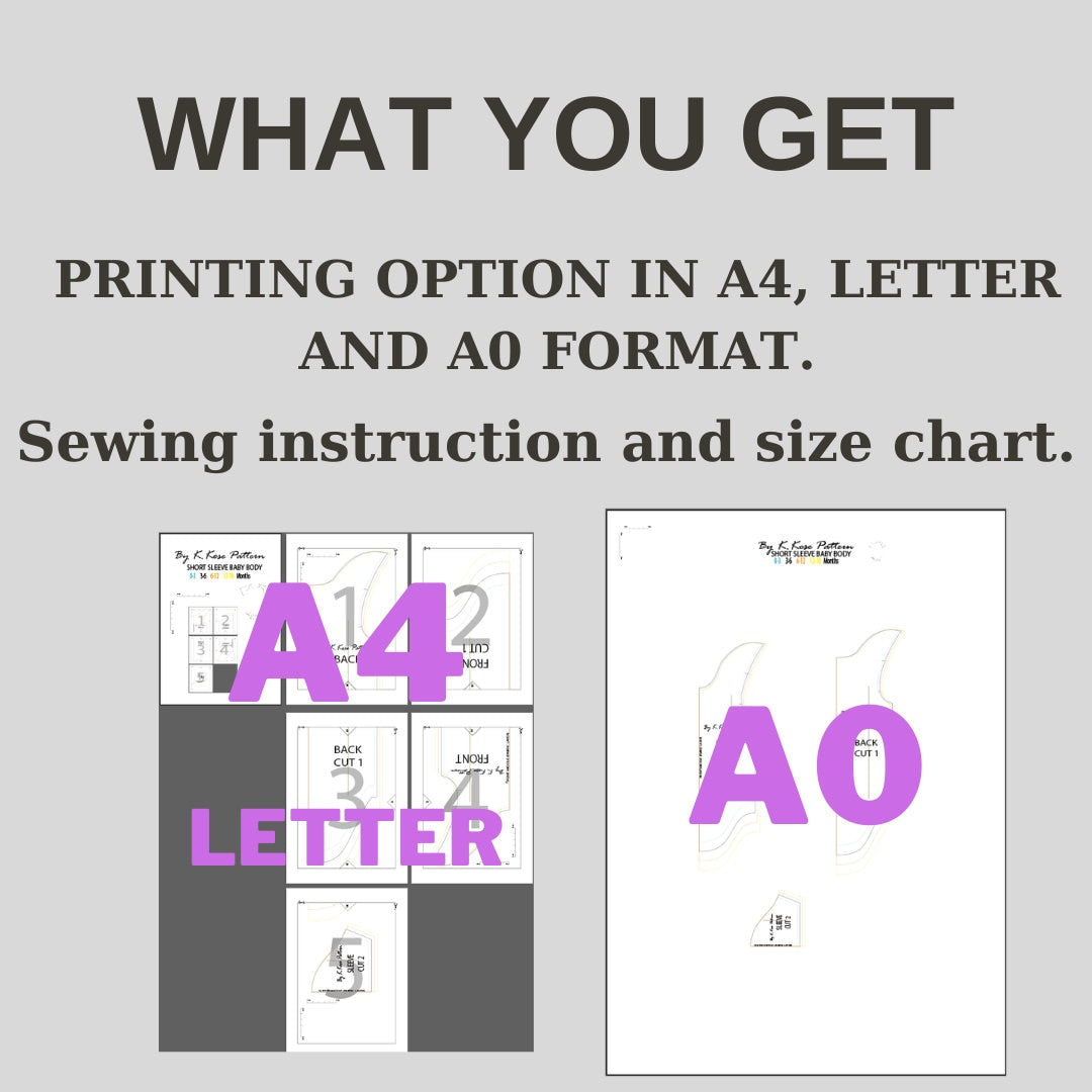 Baby Bodysuit Sewing Pattern PDF, Short Sleeve Onesie for Newborn to 18 Months, DIY Baby Clothing, Printable A4 Letter and A0