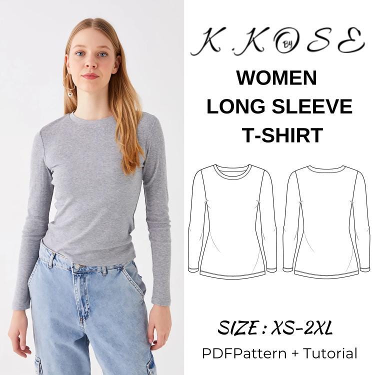 Women’s Long Sleeve T-Shirt Sewing Pattern  Digital PDF Sizes XS–2XL  Beginner Friendly DIY Clothing  Printable Sewing File A4 Letter A0