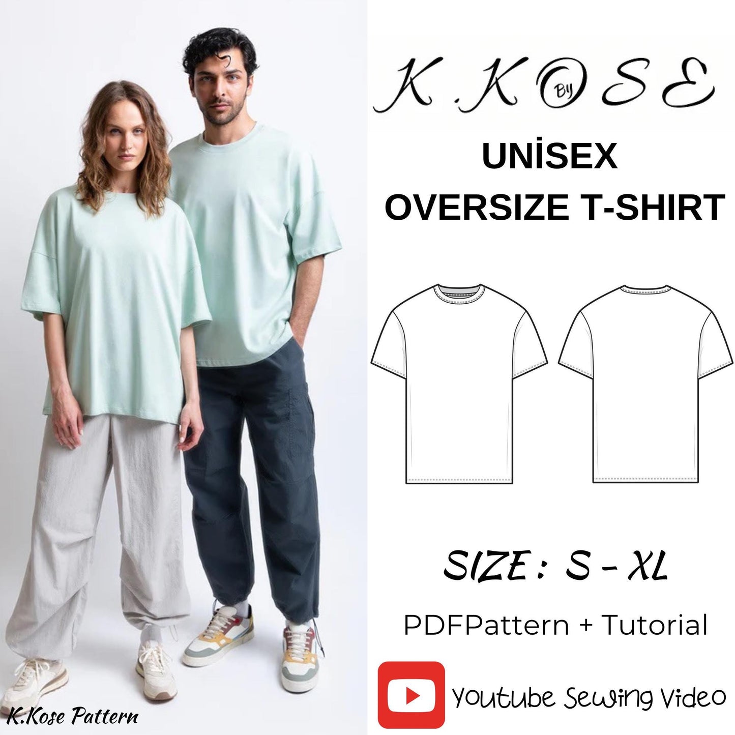 Unisex Oversize T-Shirt Sewing Pattern PDF, Sizes S to XL, Easy DIY Casual Tee with Video Guide, Printable A4 Letter and A0