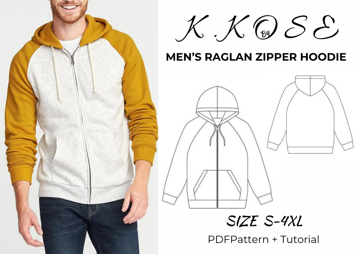 Men’s Raglan Zipper Hoodie Sewing Pattern  Digital PDF Sizes S–4XL  Intermediate Friendly DIY Clothing  Printable Sewing File A4 Letter A0