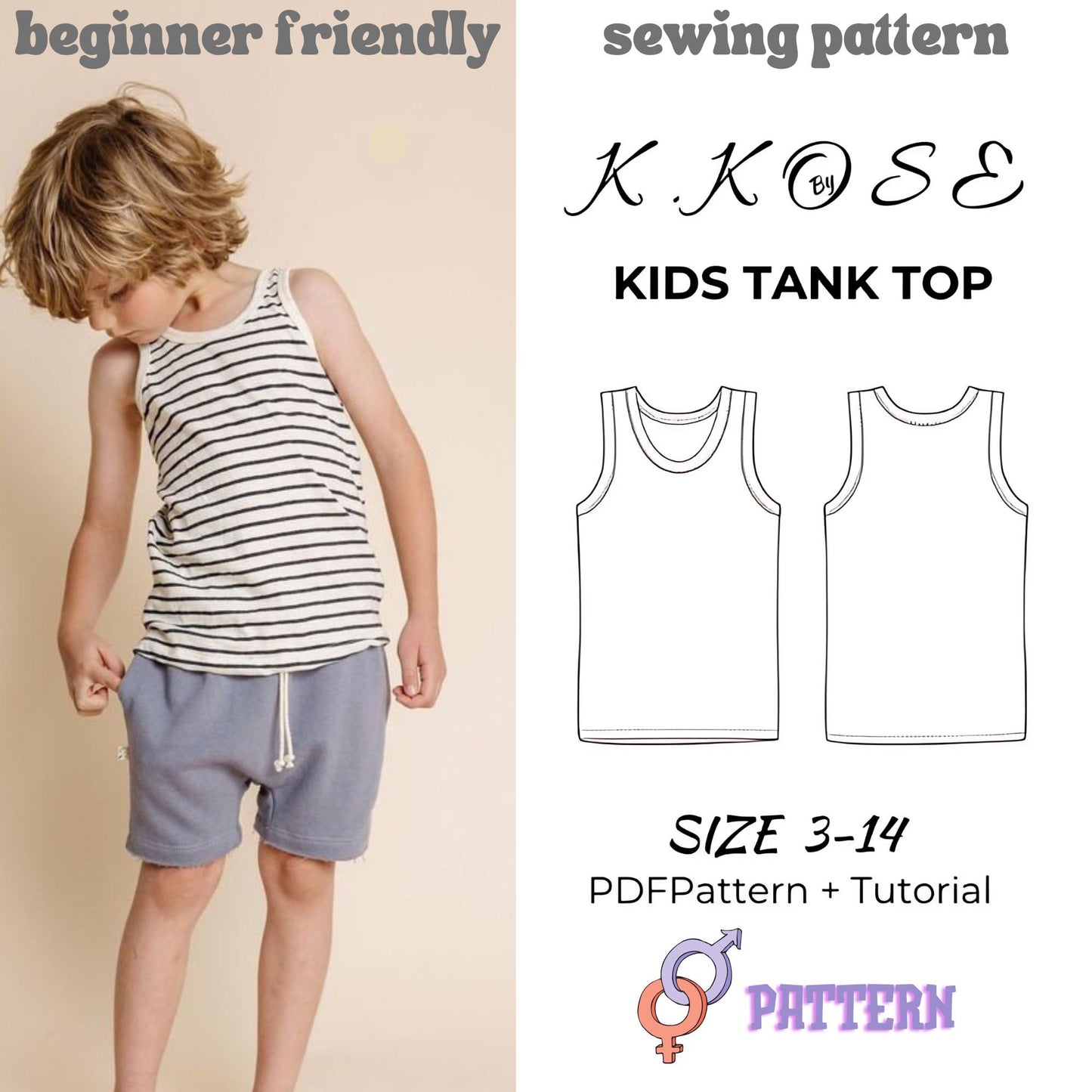 Kids Unisex Tank Top Sewing Pattern PDF, Ages 3 to 14 Years, Easy DIY Summer Clothing for Boys and Girls, Printable A4 Letter and A0
