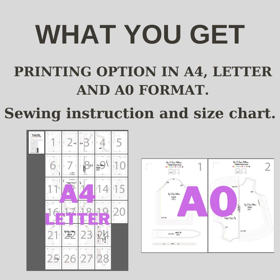 Women’s Tie Waist Blouse Sewing Pattern  Digital PDF XXS–5XL  Beginner Friendly DIY Top  Printable Sewing File A4 Letter A0