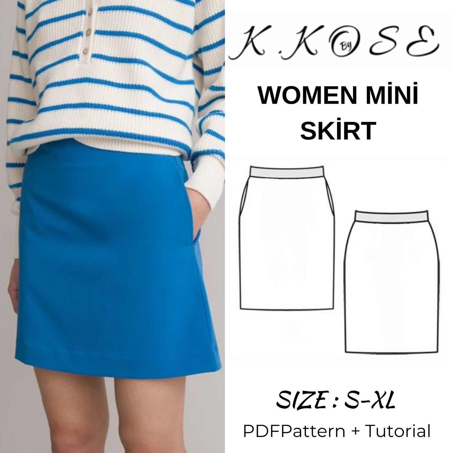 Mini Skirt Sewing Pattern PDF, Sizes S to XL with Hidden Pockets, Easy DIY Women's Clothing, Printable A4 Letter and A0