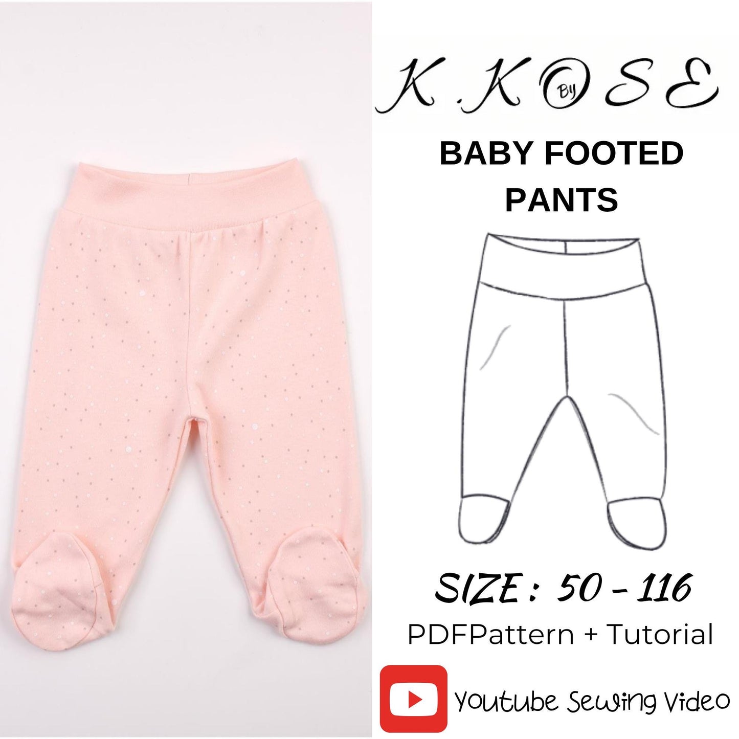Baby Footed Pants Sewing Pattern PDF, Sizes Newborn to 18 Months, Easy DIY Baby Clothing with Foot Cover, Printable A4 Letter and A0