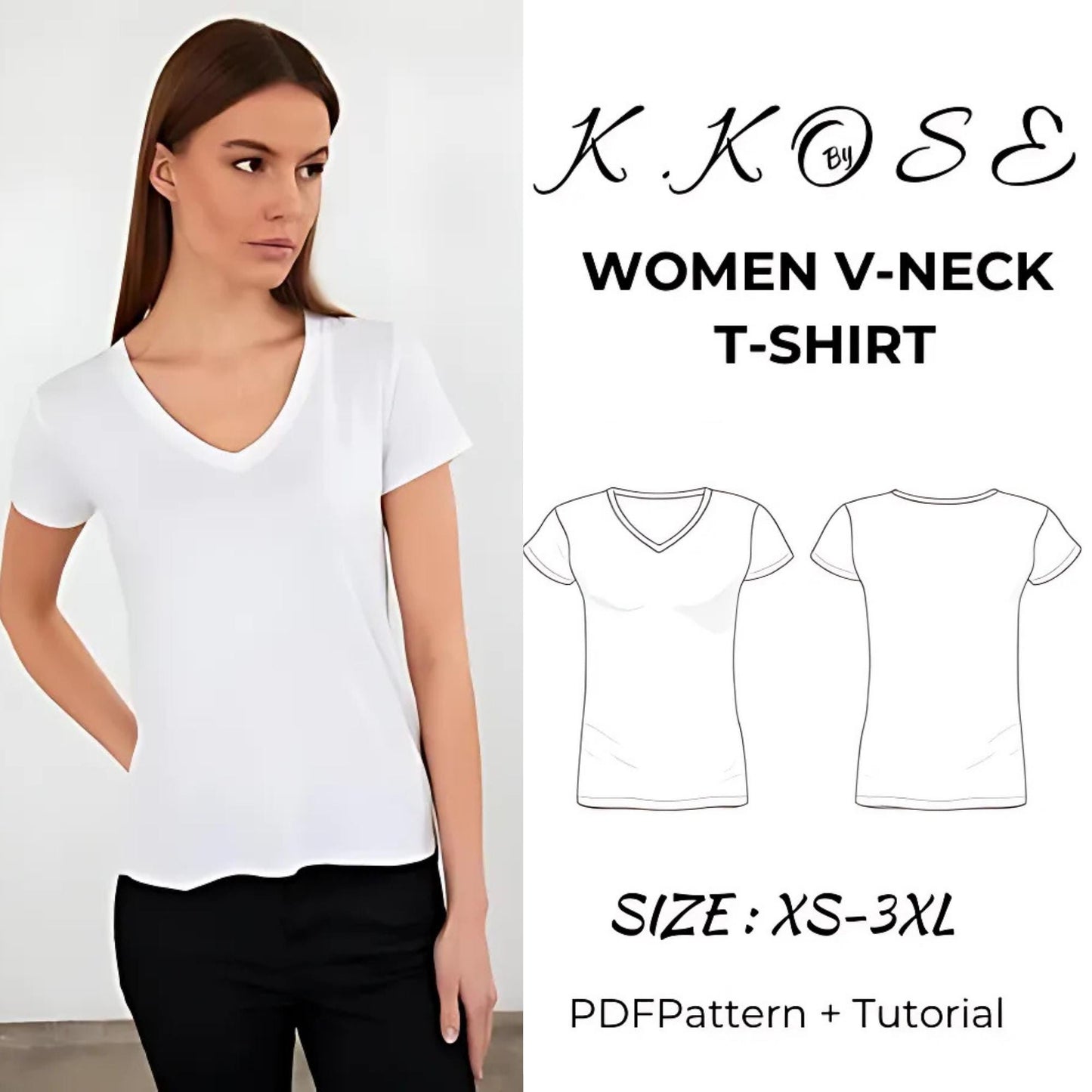 Women’s V-Neck T-Shirt Sewing Pattern  Digital PDF XS–3XL  Beginner Friendly DIY Shirt  Printable Sewing File A4 Letter A0