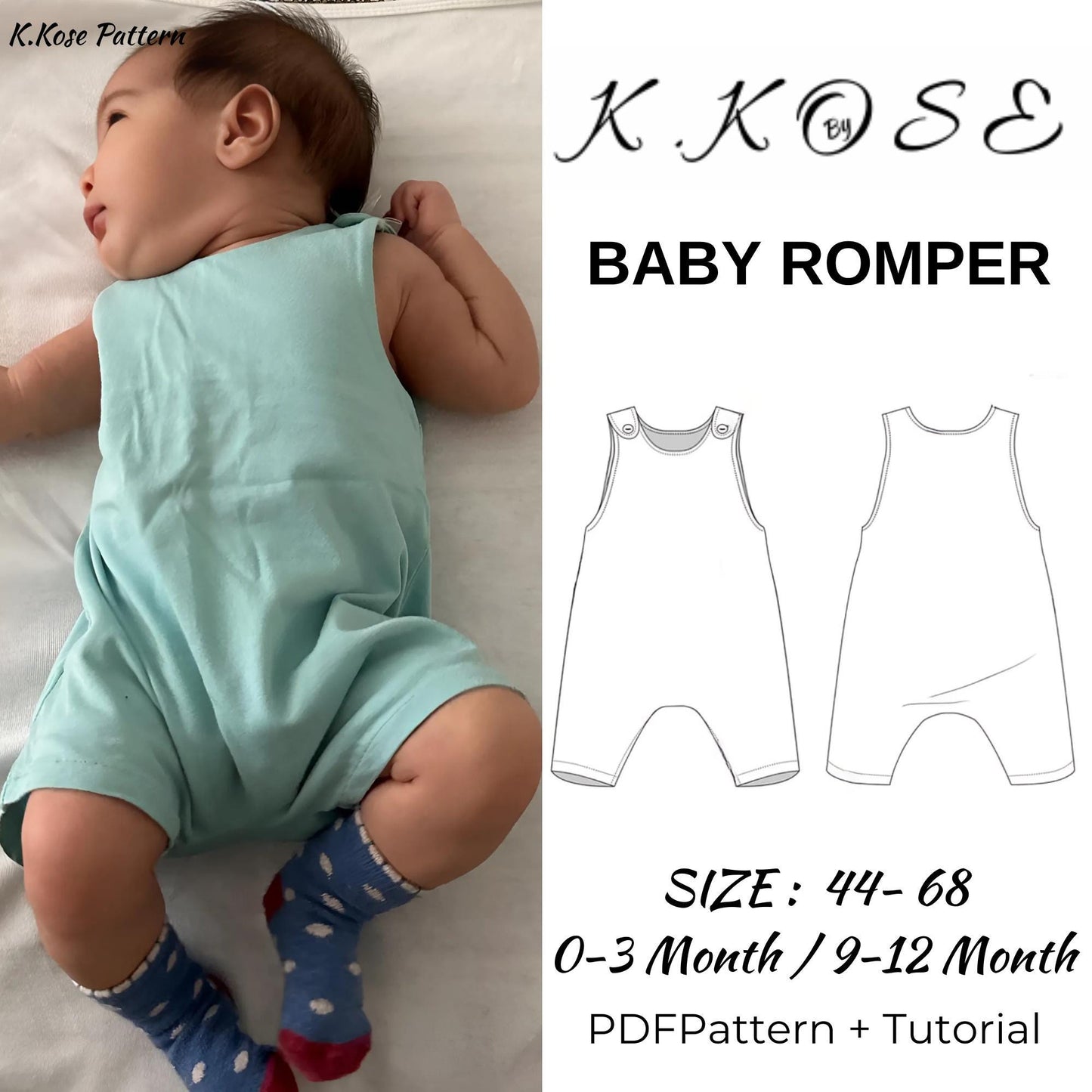Baby Romper Sewing Pattern PDF | Newborn–12M One-Piece Beginner Printable | Sizes 44–68 | A4-Letter-A0