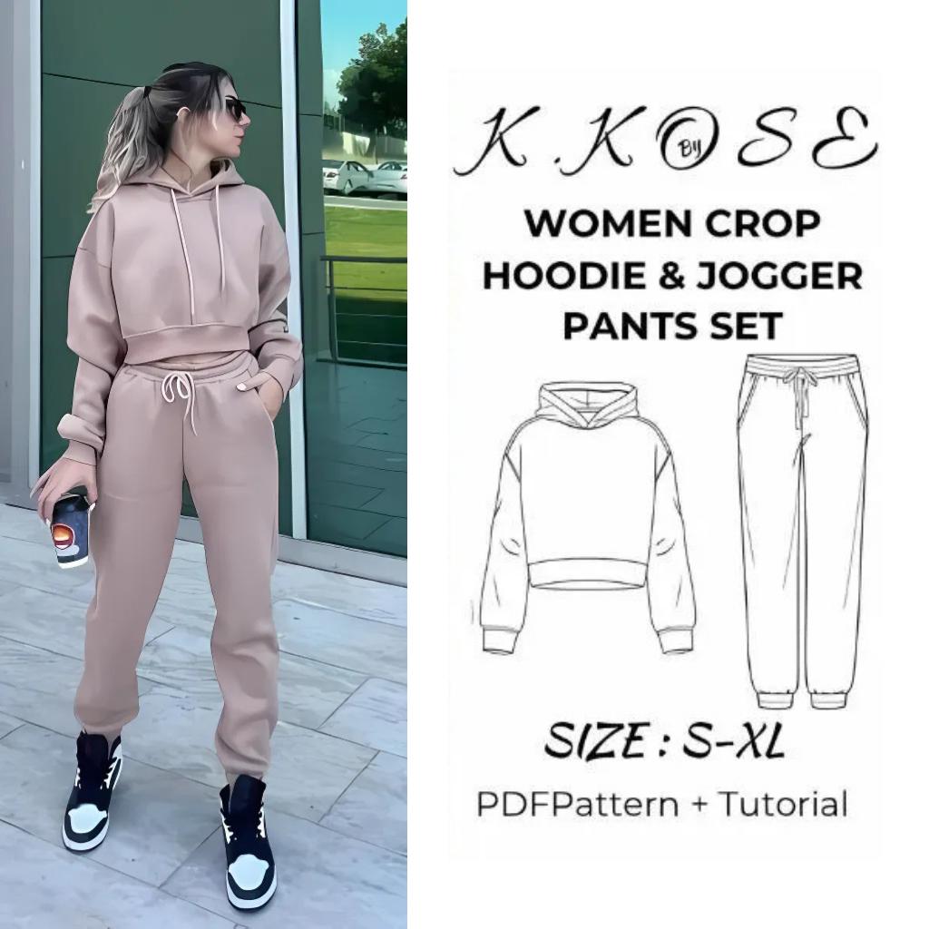 Women’s Crop Hoodie & Jogger Pants Set Sewing Pattern  Digital PDF Sizes XS–XXL  Intermediate Friendly DIY Clothing  Printable Sewing File A4 Letter A0