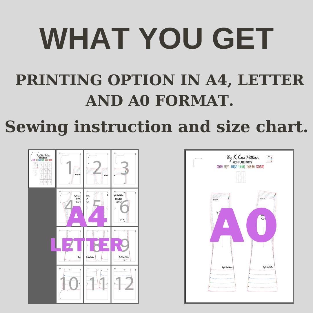 Kids Flare Pants Sewing Pattern PDF, Bell Bottom Style for Ages 1 to 8 Years, Easy DIY Children Clothing, Printable A4 Letter and A0