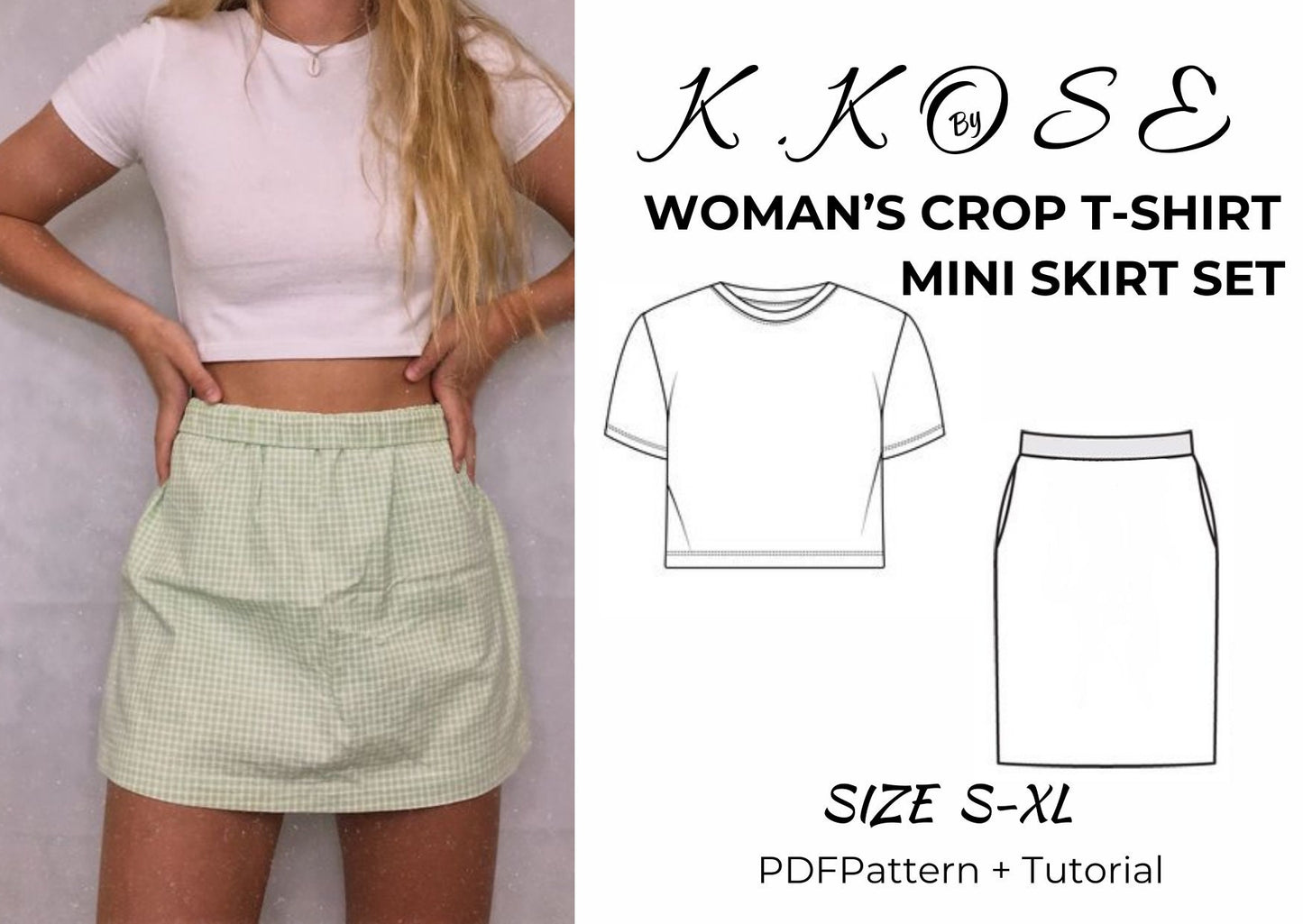Mini Skirt & Crop Top Sewing Pattern PDF | Women's Beginner Printable | Sizes S–XL | K.Kose Pattern