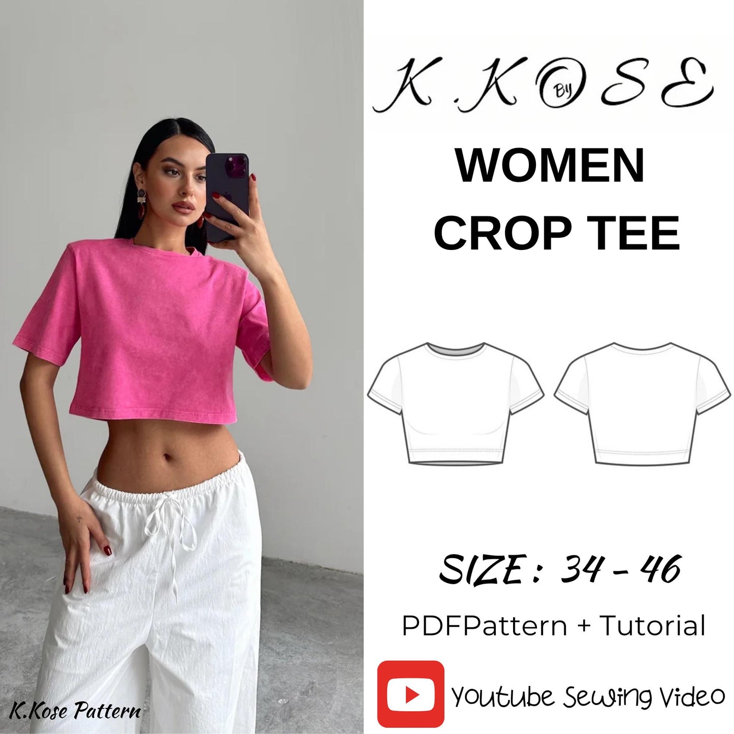 Women’s Crop T-Shirt Sewing Pattern  Digital PDF Sizes XS–3XL  Beginner Friendly DIY Crop Top  Printable Sewing File A4 Letter A0