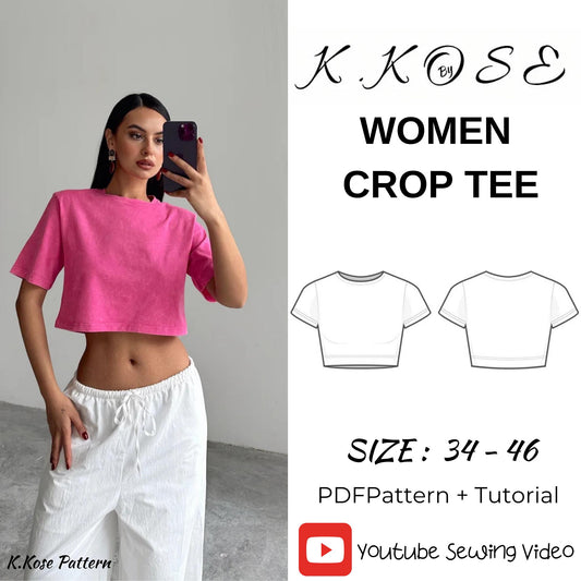 Women’s Crop T-Shirt Sewing Pattern  Digital PDF Sizes XS–3XL  Beginner Friendly DIY Crop Top  Printable Sewing File A4 Letter A0
