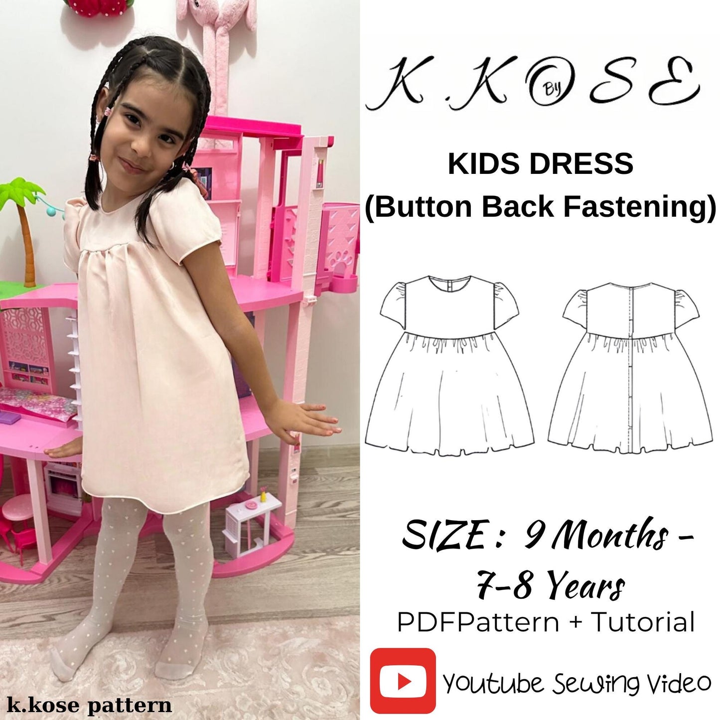 Kids’ Dress Sewing Pattern  Digital PDF Ages 9M–8Y  Button Back Fastening  DIY Children’s Clothing  Printable Sewing File A4 Letter A0