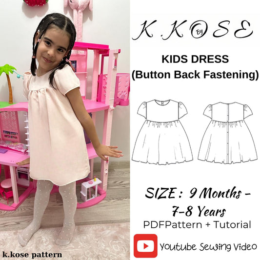 Kids’ Dress Sewing Pattern  Digital PDF Ages 9M–8Y  Button Back Fastening  DIY Children’s Clothing  Printable Sewing File A4 Letter A0