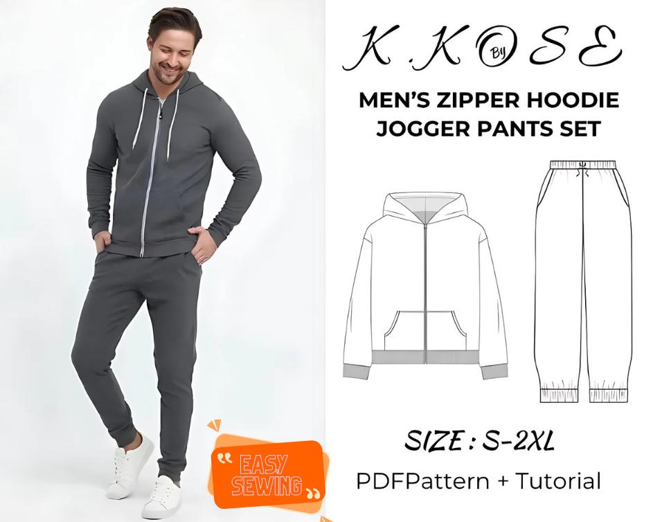 Men’s Zipper Hoodie & Jogger Pants Set Sewing Pattern  Digital PDF Sizes XS–XXL  Beginner Friendly DIY Tracksuit  Printable Sewing File A4 Letter A0