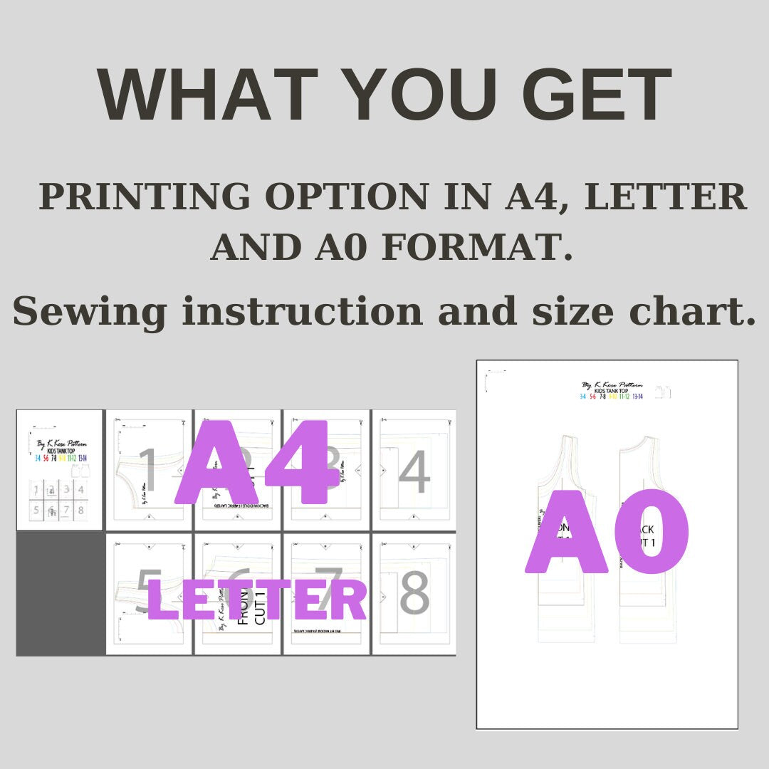 Kids Unisex Tank Top Sewing Pattern PDF, Ages 3 to 14 Years, Easy DIY Summer Clothing for Boys and Girls, Printable A4 Letter and A0