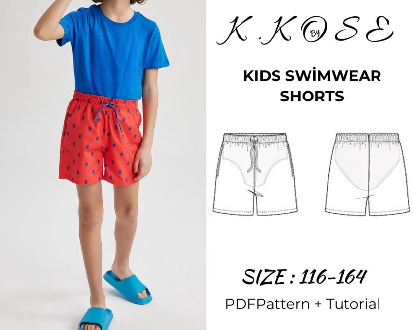 Kids Lined Swim Shorts Sewing Pattern PDF, Ages 5 to 14 Years, Easy DIY Children Swimwear, Printable A4 Letter and A0