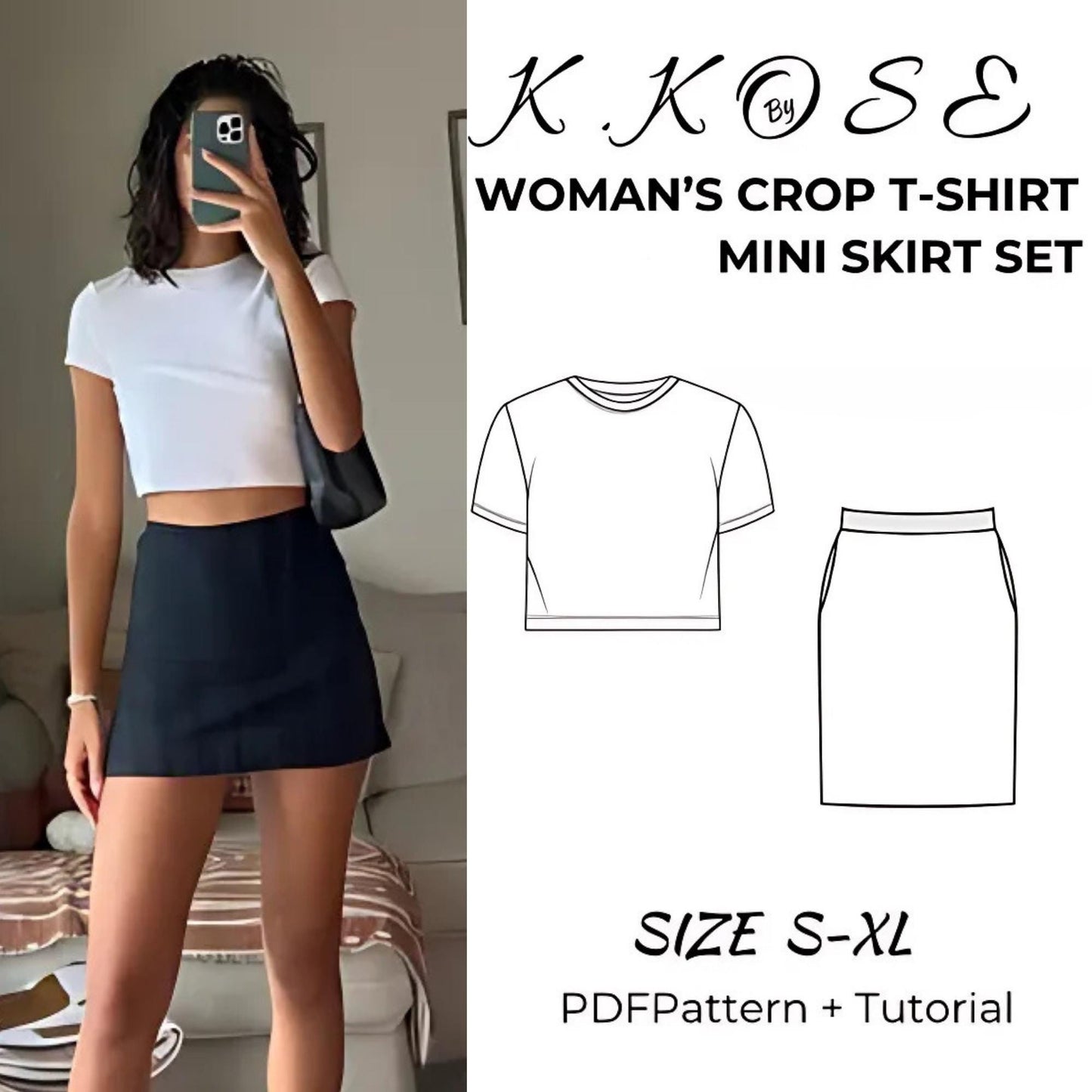 Mini Skirt & Crop Top Sewing Pattern PDF | Women's Beginner Printable | Sizes S–XL | K.Kose Pattern
