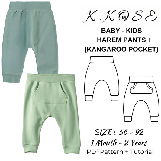 Baby & Kids’ Harem Pants Sewing Pattern  Digital PDF Sizes 1M–2Y  Kangaroo Pocket Option  Beginner Friendly DIY Children’s Clothing  Printable Sewing File A4 Letter A0
