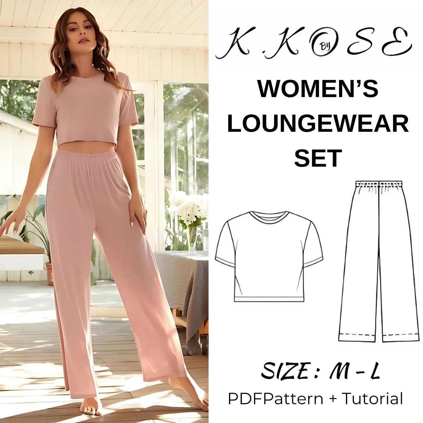 Women’s Loungewear Set Sewing Pattern  Digital PDF Crop Tee + Pajama Pants Sizes S–3XL  Beginner Friendly DIY Nightwear  Printable Sewing File A4 Letter A0