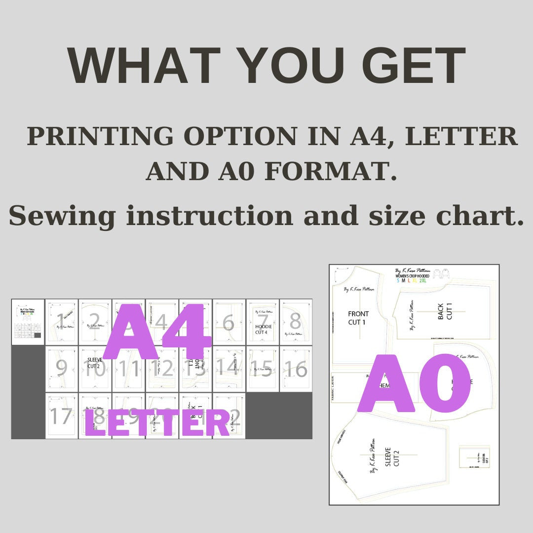Women's Crop Hoodie Sewing Pattern PDF | Beginner Printable | Sizes S–2XL | K.Kose Pattern