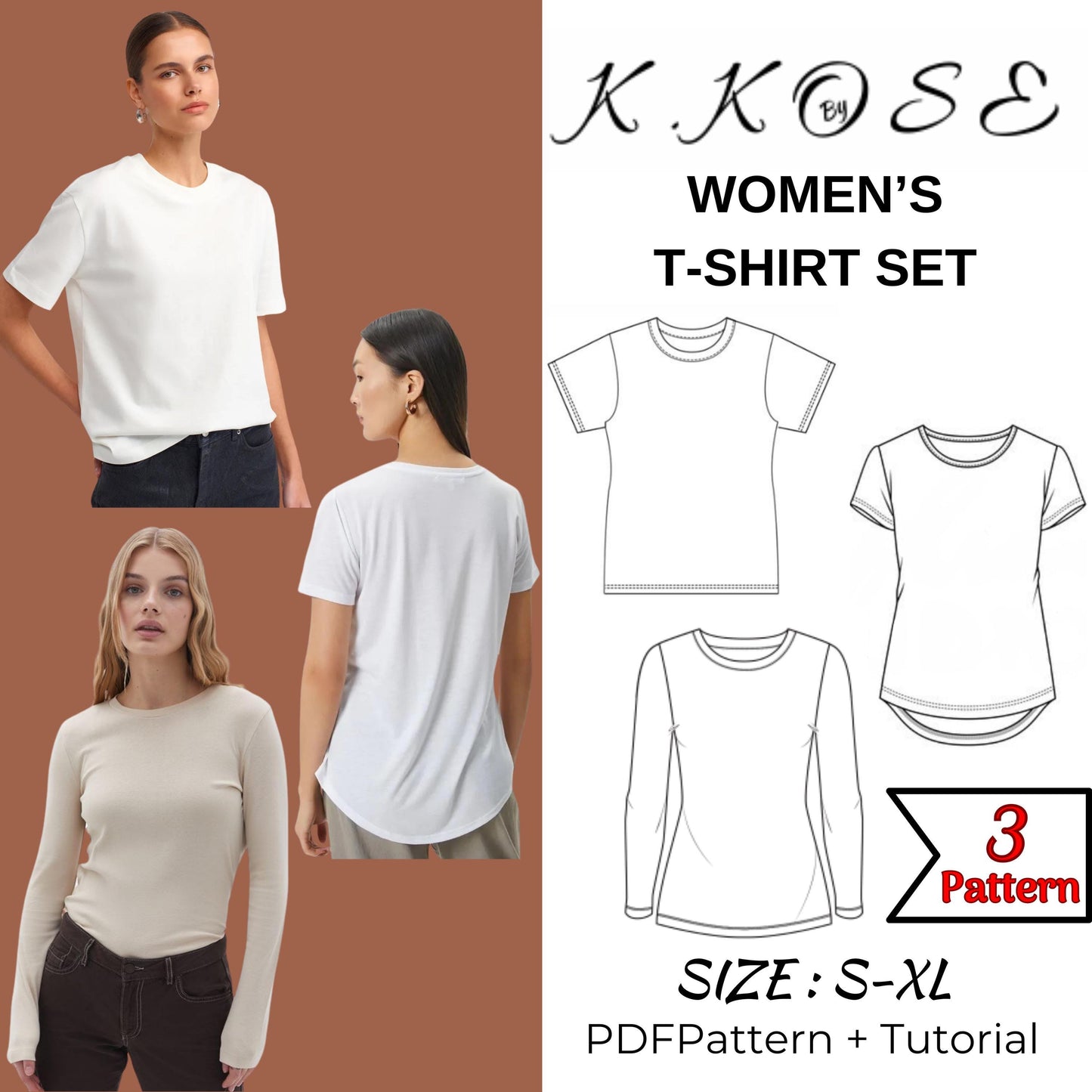 Women's T-Shirt Set Sewing Pattern PDF, 3-in-1 Bundle for Sizes XS to 2XL, Easy DIY Women's Clothing, Printable A4 Letter and A0