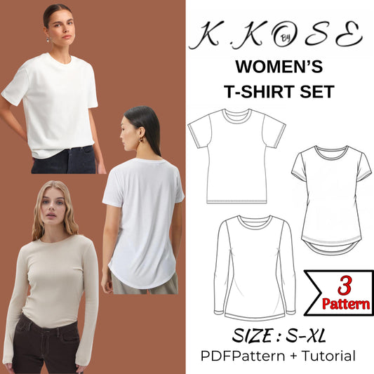 Women's T-Shirt Set Sewing Pattern PDF, 3-in-1 Bundle for Sizes XS to 2XL, Easy DIY Women's Clothing, Printable A4 Letter and A0