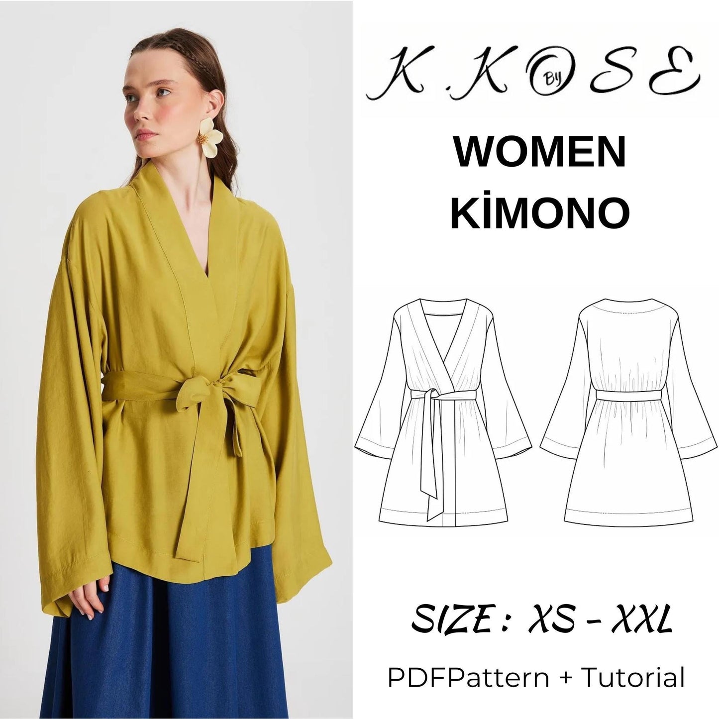 Women's Kimono Sewing Pattern PDF, Sizes XS to XXL, Easy DIY Kimono Robe and Beach Cover Up, Printable A4 Letter and A0
