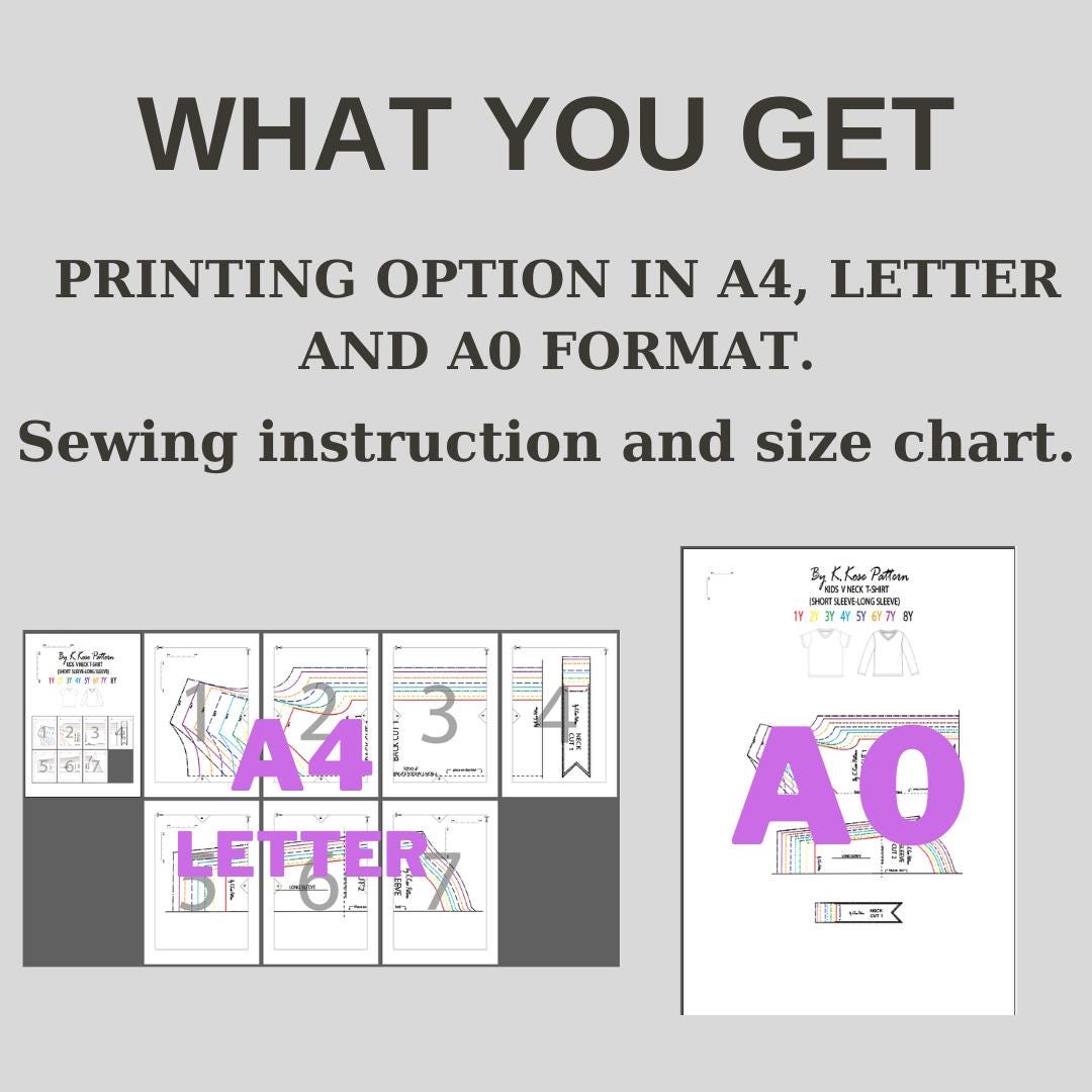 Kids’ V-Neck T-Shirt Sewing Pattern  Digital PDF Ages 1–8  Beginner Friendly DIY Children’s Clothing  Short & Long Sleeve  Printable Sewing File A4 Letter A0
