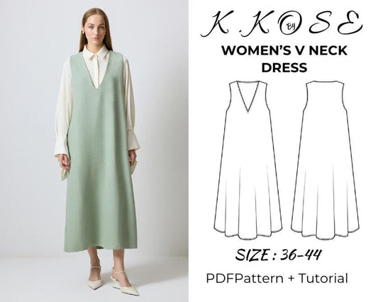 Women's V-Neck Summer Dress Sewing Pattern PDF | Beginner Printable | Sizes S–XXL | A4-Letter-A0